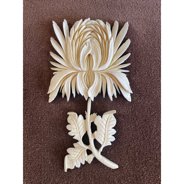 Mid 20th Century Framed Hand Carved Bone Wall Art Pair Pagoda & Flower For Sale - Image 6 of 11