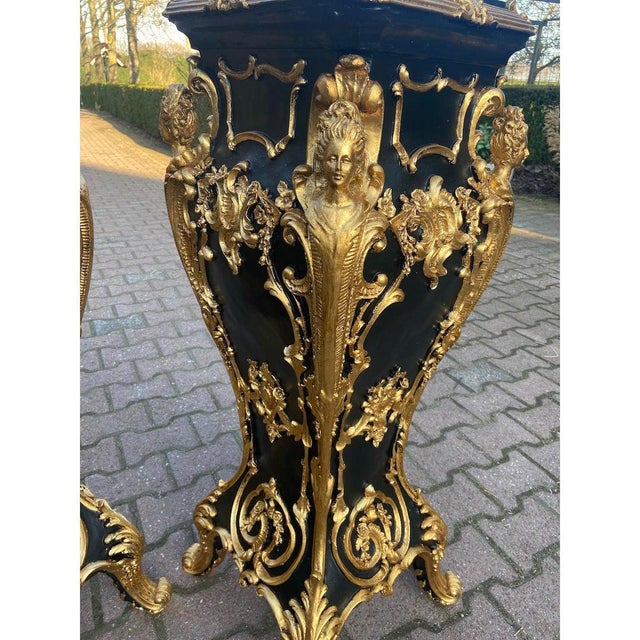 Baroque Pair 1990 Italian Baroque Black Gold Pedestals W/ Marble Effect Tops – 2 Pieces For Sale - Image 3 of 15