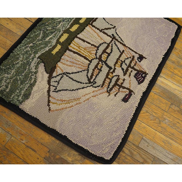 Mid 20th Century 1940s Gray Nautical Antique American Hooked Rug 2'7" X 3'2" Handknotted Wool Carpet For Sale - Image 5 of 9