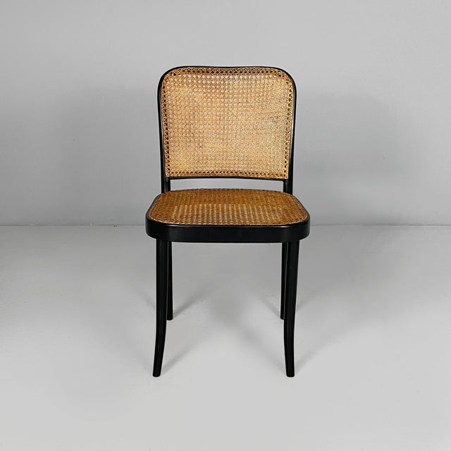 Czechoslovak modern straw and black wood chairs 811 by Joseph Hoffmann for Drevounia, 1980s Set of six chairs model 811...