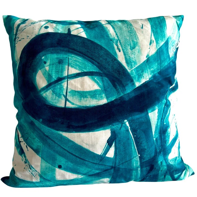 Contemporary Abstract Teal Blue Painting Pillow Cover For Sale In Miami - Image 6 of 7