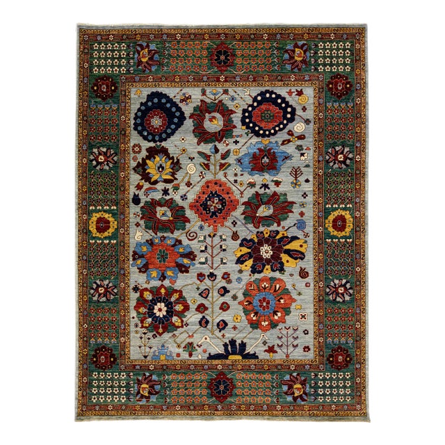 Modern Serapi Style Handmade Floral Designed Light Gray Wool Rug For Sale