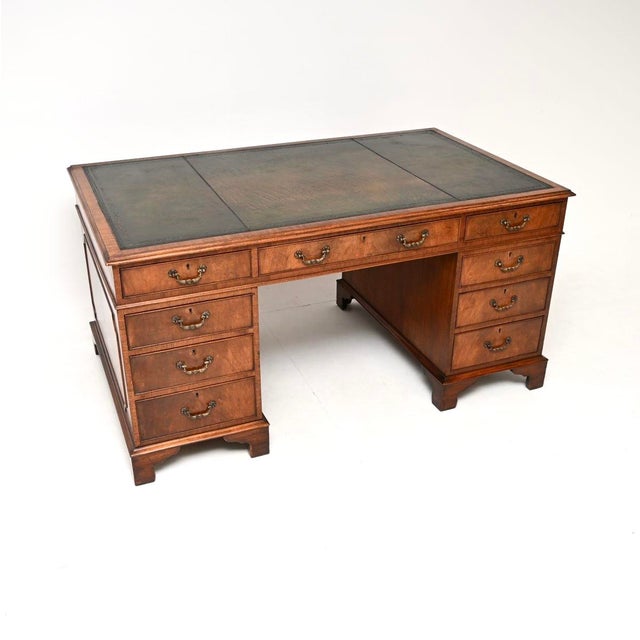 Vintage Georgian Style Pedestal Desk with Leather Top, 1930 For Sale - Image 11 of 11