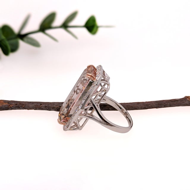 2020s 20Ct Pink Tourmaline Diamond Ring in Solid 14k Gold | 25x10mm Emerald Cut, Size 6.75 For Sale - Image 5 of 6