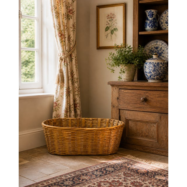 A charming vintage split bamboo basket in a classic French Country style, featuring a generous oval form and beautifully...