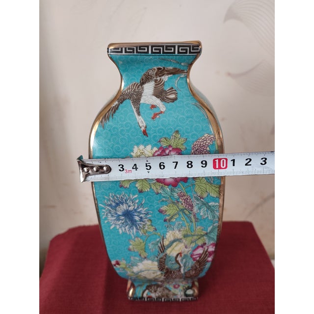 Blue Chinese Ceramic Vase Qing Dynasty Qianlong Marked Blue Ground Famille Rose Porcelain Square Vase Hand Painted Flowers and Birds Pattern For Sale - Image 8 of 11
