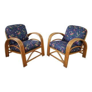 Paul Frankl Style Arm Rattan Bamboo Club Chairs - a Pair . For Sale