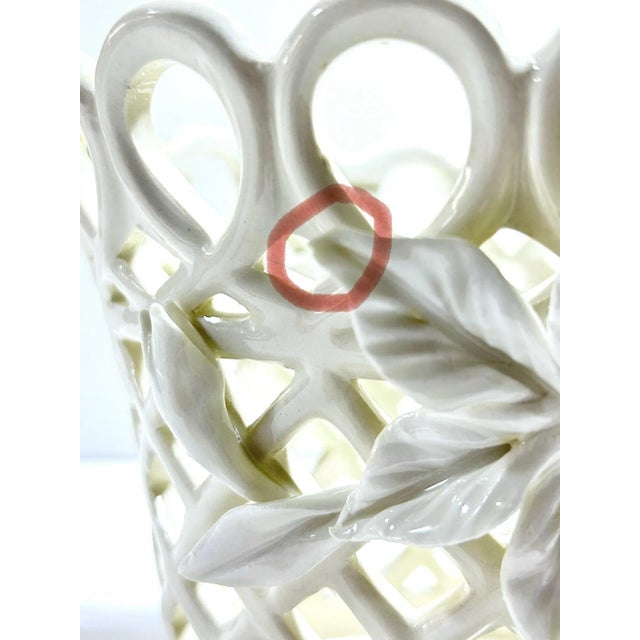 Vintage Pierced Porcelain Cachepot – Basketweave Lattice Floral Planter For Sale - Image 9 of 11