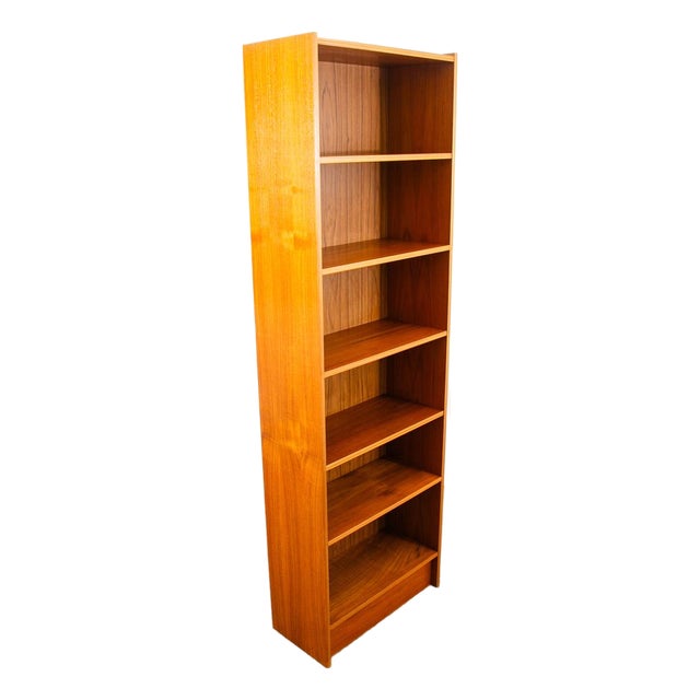 1960s Mid Century Danish Modern Bookshelf Tall Teak Wood Shelving 6 Shelf Compact 24" For Sale