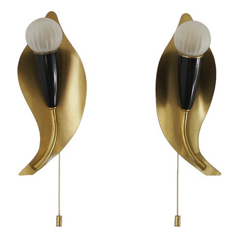 Mid-Century Leaf Shaped Brass Sconces, Italy, 1950s, Set of 2 For Sale