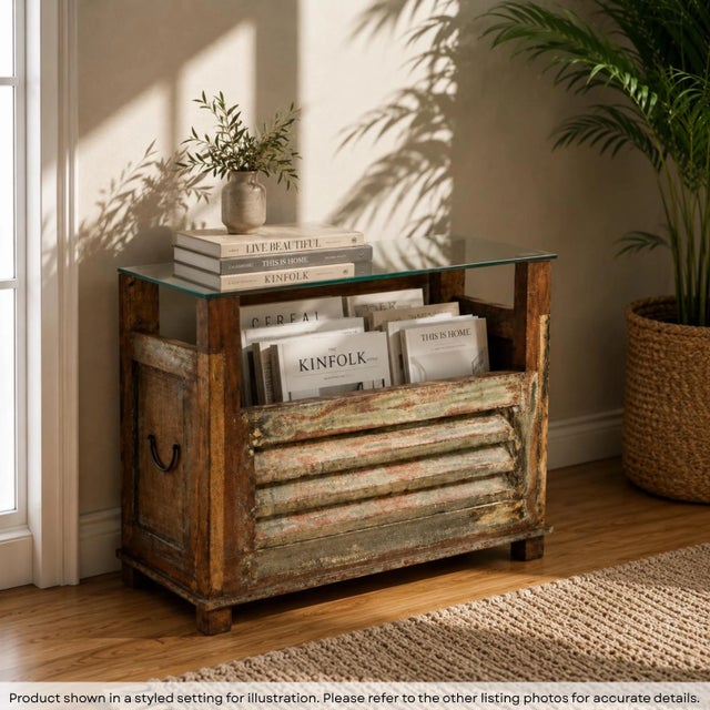 Dimensions: 24″ W x 13″ D x 24″ H Old window shutter with painted patina has been repurposed to craft this rustic End...