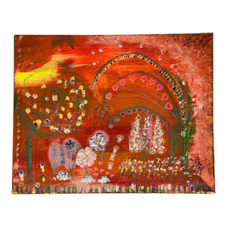 1970s Modern Abstract Mixed Media Painting Folk Art Naive Style Magic Garden at Sunset W 3 Hedgehogs For Sale