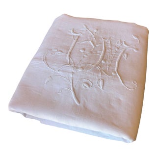 Antique French Linen Sheet With Hand Crochet Lace Trim Monogrammed White Trousseau Sheet Romantic French Bedding For Sale