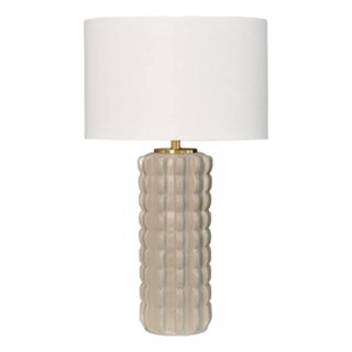 Matthew Izzo Home Cece Beige Glazed Scalloped Ceramic Table Lamp With Shade and Ceramic Finial For Sale