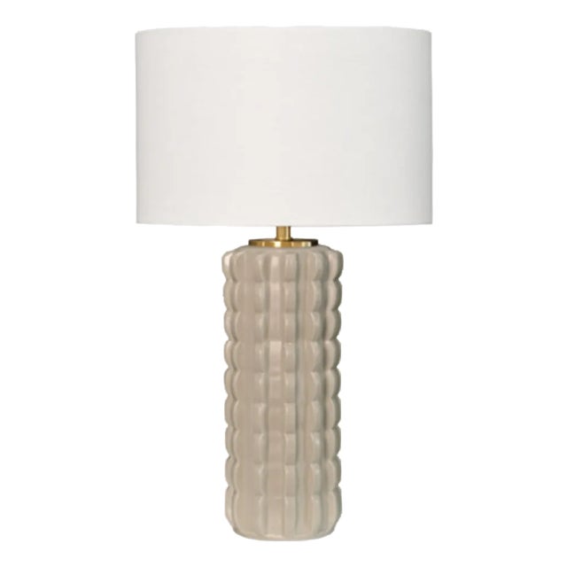 Matthew Izzo Home Cece Beige Glazed Scalloped Ceramic Table Lamp With Shade and Ceramic Finial For Sale