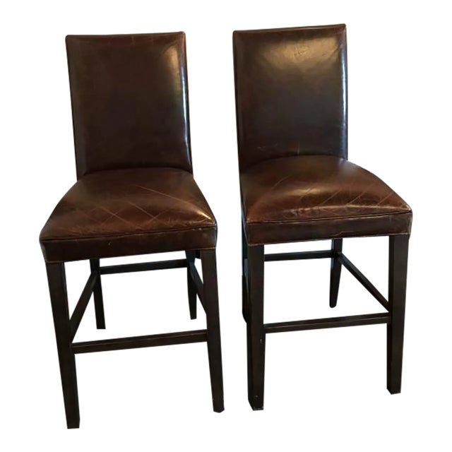 Set of 2 Restoration Hardware Hudson Parsons Italian Brompton Cocoa Leather Stools For Sale