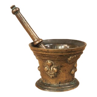 Small French Bronze Mortar and Pestle With Fleur De Lys and Crown, Circa 1700 For Sale