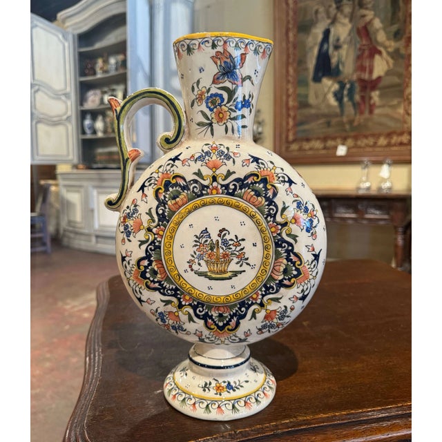 Mid 20th Century Mid-Century French Hand-Painted Rouen Faience Ewer From Normandy For Sale - Image 5 of 6