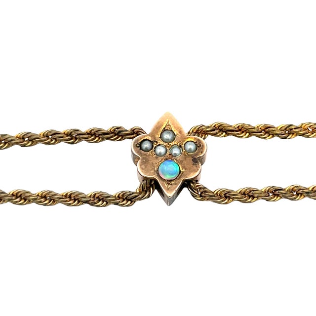 Antique Victorian Gold-Filled Pocket Watch Chain With Opal & Seed Pearl Slider For Sale - Image 4 of 5