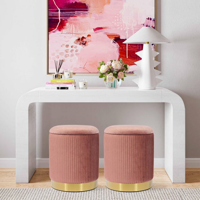 Wood Zoe Blush Velvet Storage Ottoman For Sale - Image 7 of 8