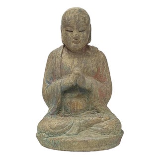 Fade Color Rustic Wood Sitting Monk Lohan Statue For Sale