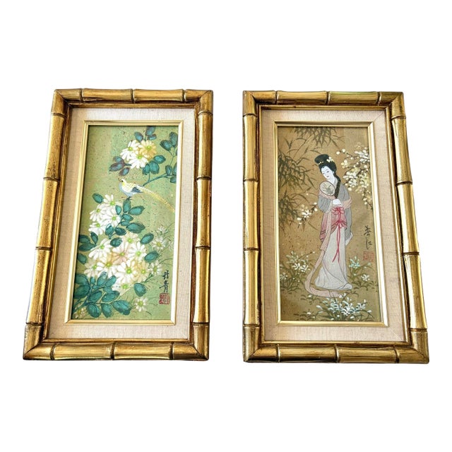 Chinoiserie Floral Gold Faux Bamboo Wood Framed Artwork- A Pair For Sale