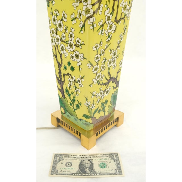 Yellow Trees & Birds Decorated Ceramic Asian Vase Shape Table Lamp on Brass Base MINT For Sale - Image 8 of 9