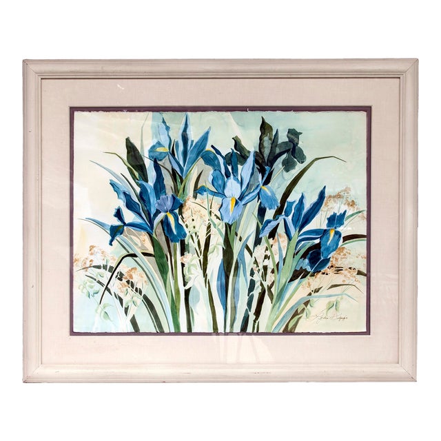 "Blue Irises" Framed Watercolors by Artist Lydia Delgado, Laguna Beach, Ca. For Sale