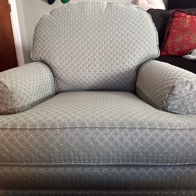 Ethan Allen Skirted Swivel Rocking Lounge Chair & Rolling Ottoman Set With Custom Fabric For Sale - Image 10 of 11