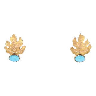 Mid 20th Century 18k Yellow Gold Jewelry 7.2 X 5.0mm Turquoise Leaf Stud Earrings - 2 Pieces For Sale