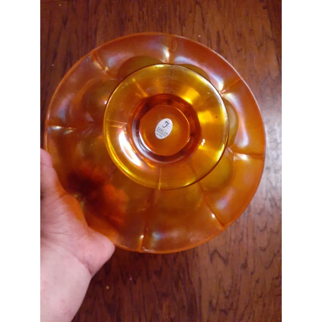 Art Deco 1970s Fenton Iridiscent Orange Stretch Glass Pedestal Console Bowl For Sale - Image 3 of 9