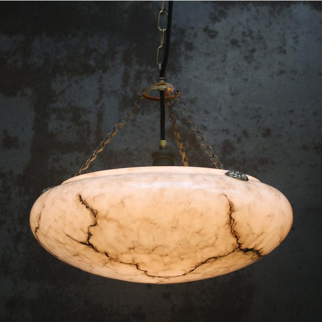 1920s Art Deco Pendant Lamp in Brass and White Grey Marble Painted Glass, France, 1920s For Sale - Image 5 of 7