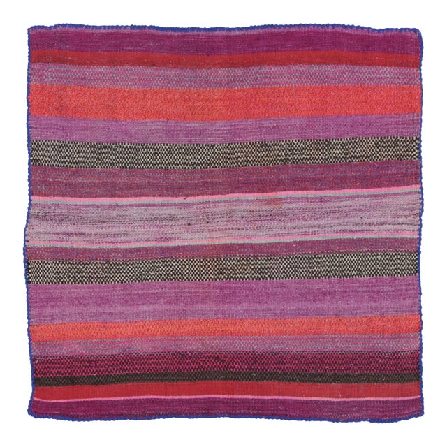 Vintage Frazada Square Kilim in Vibrant Polychrome Striped Pattern - Rug & Kilim For Sale