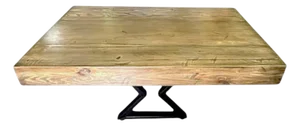 Modern Pine Coffee Table With Cool Toned Brown Stain and Black Metal Legs