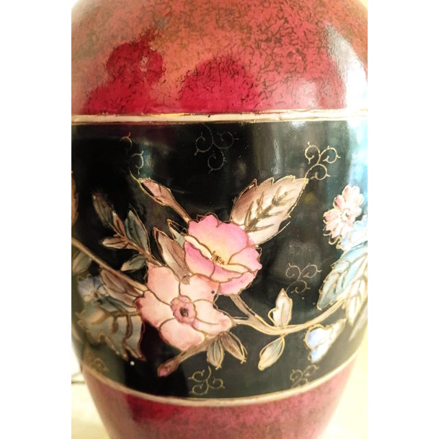 1980s Wescal Lamp Company Burgandy and Black Chinoiserie Table Lamps Set of Two W/ Imperial Pagoda Shades For Sale - Image 9 of 17