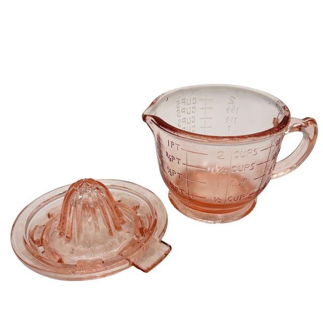 Mid-Century Modern 1950s Mid-Century Pink Hazel Glass 2 Cup Bar Measuring Pitcher & Reamer by And For Sale - Image 3 of 5