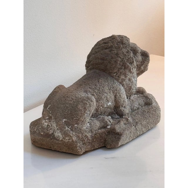 French Gothic Stone Lion. a reclining stone lion with shaped base, 15th Century. Found at St. Sulpice. Height: overall 7...