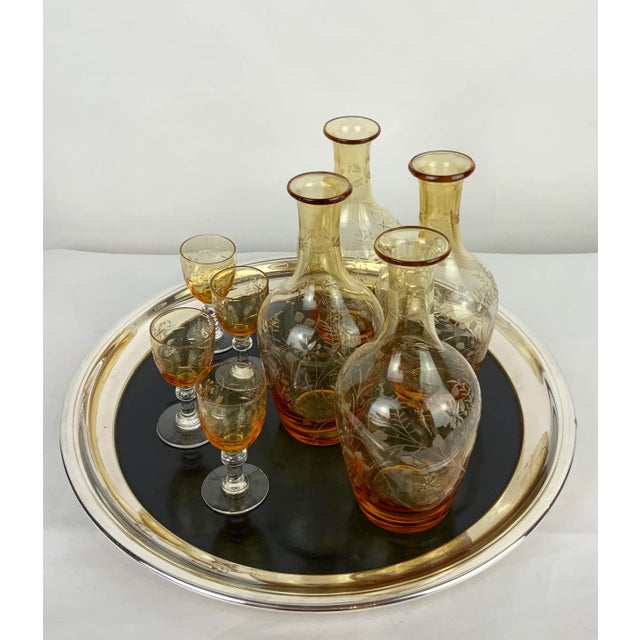 English Set of Etched Amber Decanters & Aperitif Glasses - 8 Pieces For Sale - Image 3 of 13