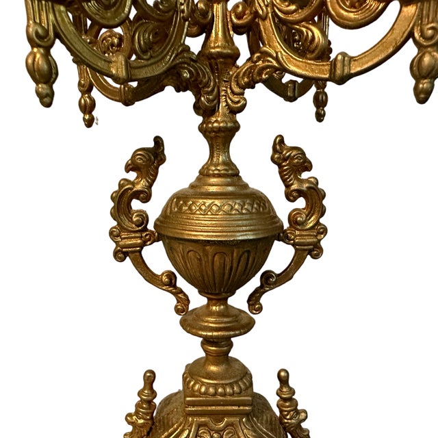Mid 20th Century Pair of Vintage Italian Baroque Brass Brevattato 6 Light Candelabra W/Crystals & Snuffers For Sale - Image 5 of 6