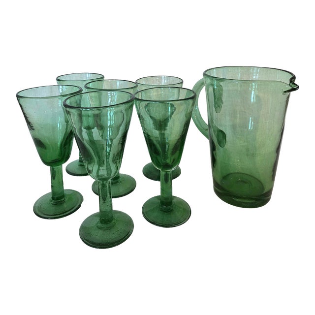 Handblown Glass Goblets & Pitcher For Sale