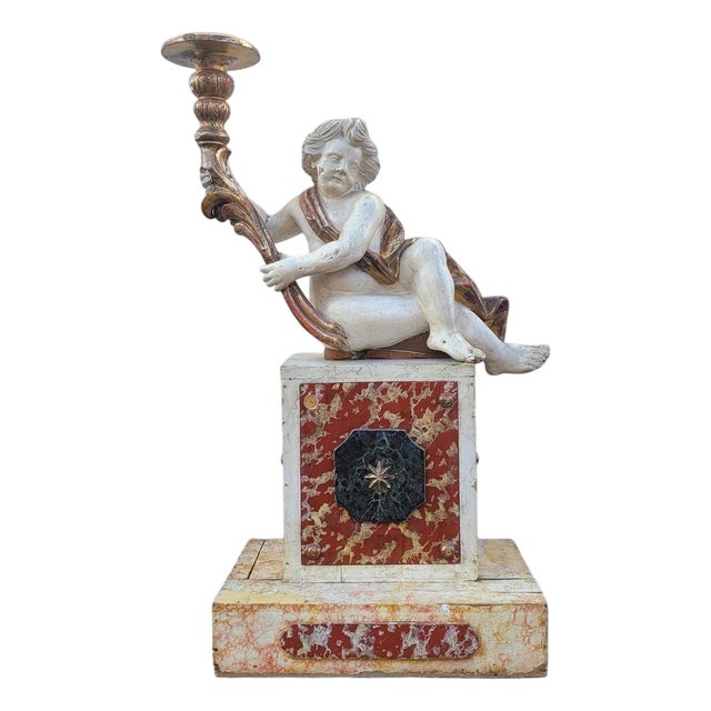 Putto Torch Holder in Lacquered and Gilded Wood, Italy, Late 17th-Early 18th Century For Sale