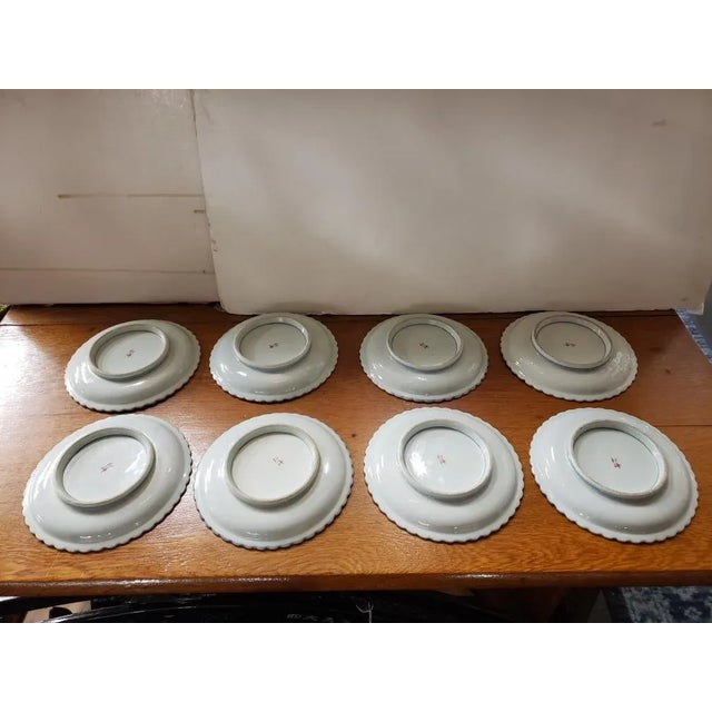 Ceramic Set of 8 Circa 1920 Japanese Kakiemon Porcelain Floral Bird Scalloped Edge Plates For Sale - Image 7 of 12