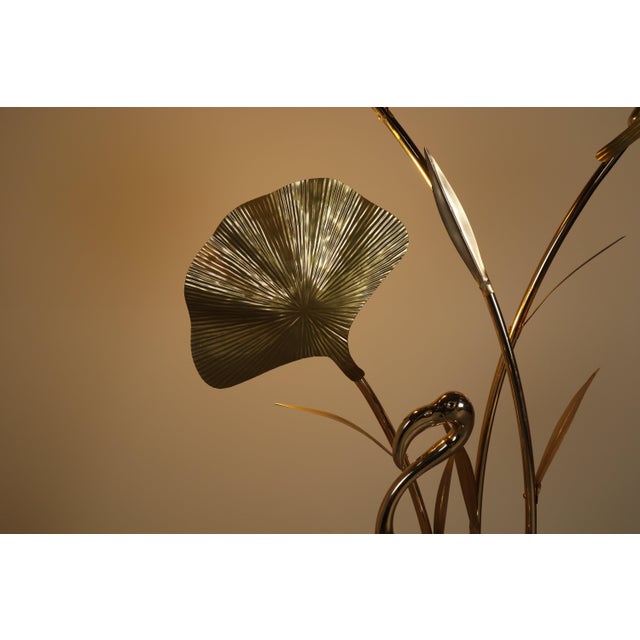 Metal Large Brass Flamingo Floor Lamp with Sculptural Ginkgo Leaves, Italy, 1970s For Sale - Image 7 of 16