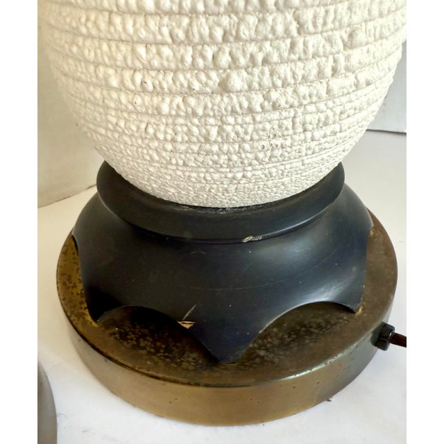 Mid 20th Century Hollywood Regency Textured White Ceramic Table Lamps With Sculptural Wood Bases - Pair For Sale - Image 11 of 12