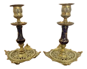 Antique Victorian Brass and Porcelain Candlesticks, 1880, Set of 2