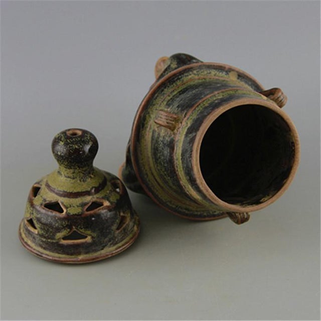 Vintage Chinese Dark Tea Dust Glaze Tripod Censer, Pierced Lid Two-Tier Ceramic Incense Burner For Sale - Image 4 of 5