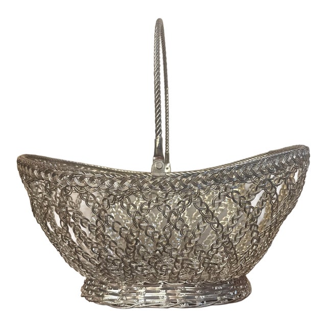 Mid-Century Modernist Woven Wirework Centerpiece Basket With Swing Handle For Sale