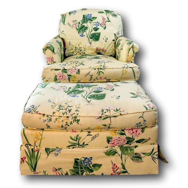 English Late 20th Century Henredon Custom Yellow Floral Chintz Upholstered Armchair With Ottoman For Sale - Image 3 of 16
