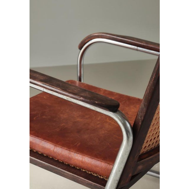 Modern Danish Funkis Chair S-102 in Steel, Cane & Leather attributed to Fritz Hansen, 1930s For Sale - Image 8 of 18