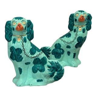 Vintage Staffordshire Dog Pair in Turquoise Glaze – Hand-Painted Papier-Mâché Spaniels For Sale